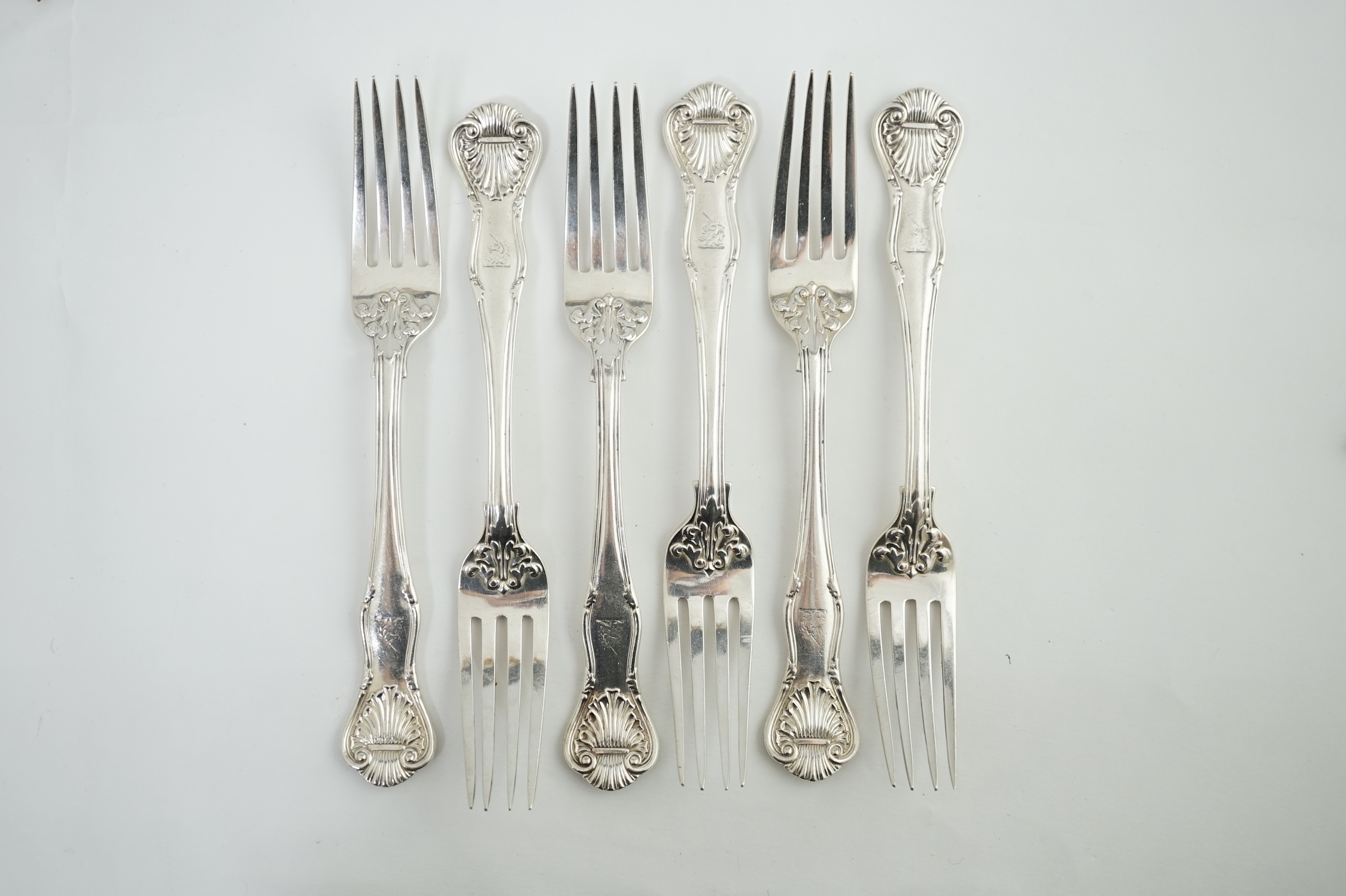 Six Victorian silver Kings pattern table forks, by George William Adam, London, five 1848, one 1863